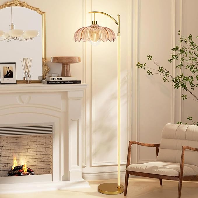 QIYIZM Glass Floor Lamp for Living Room,Bedroom,Gold Dimmable Standing Lamp with Remote,Mid Century Modern Brass Tall Lamp Boho Floor Lamps Arc Stained Flower Floor Light Lamp Bohemian