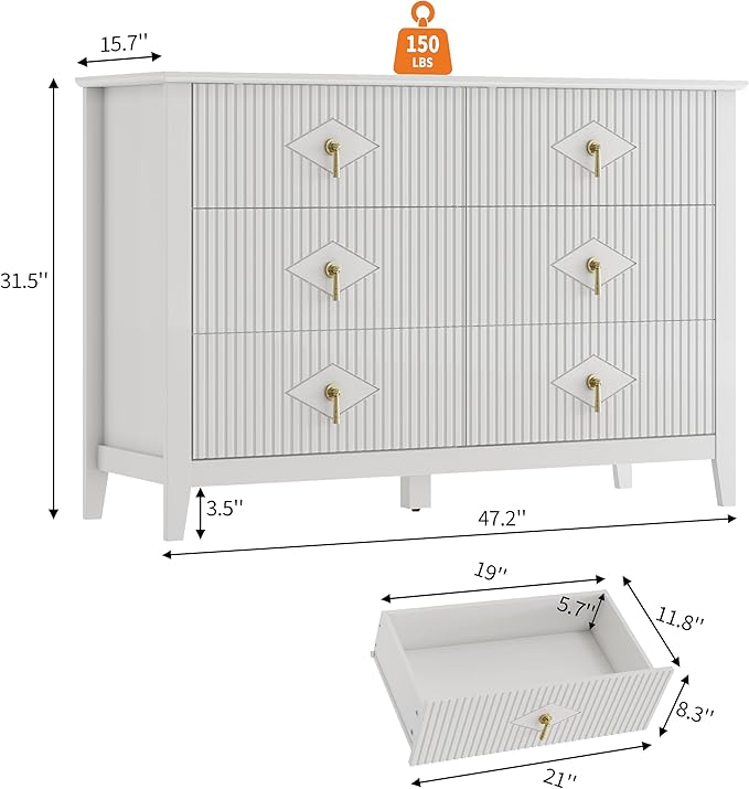GarveeHome Fluted Dresser for Bedroom, 47.2 Inch Wide 6-Drawer Wood Dresser, Modern Chest of Drawers, Storage Organizer Cabinet for Living Room, Hallway, Entryway, White