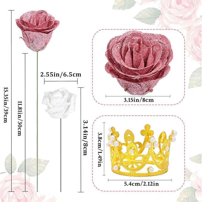 36+20 Glitter Roses Bouquet, DIY Fake Flowers Bouquet, Craft The Initials of Your Loves' Name with Artificial Rose for Valentines, Anniversary, Wedding, Rose Gold & White