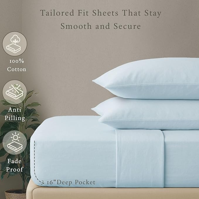 Threadmill Cotton Queen Sheet Set, 500 Thread Count Bed Sheets, 100% Cotton Sheets Set for Queen Size Bed, Smoother Than Egyptian Cotton Claims, 4 Pc Set with Deep Pockets, Light Blue