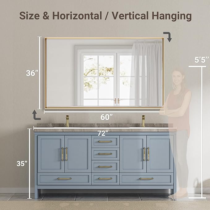 60 x 36 Gold Bathroom Mirror, Brushed Gold Beveled Bathroom Mirror, Shatterproof Large Gold Frame Rectangle Mirror, Brushed Brass Gold Framed Vanity Mirror Vertical/Horizontal Wall-Mounted