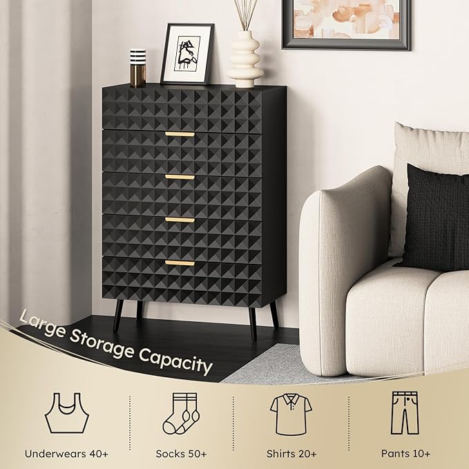 48" Tall Dresser,Chest of Drawers,5 Drawers Dresser for Bedroom,Clothes Storage with Diamond-Shaped