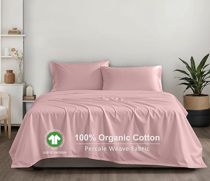 RUVANTI 100% Organic Cotton Sheets Queen Size, Percale Weave, GOTS Certified, 4-Piece Set, Deep Pocket 15", Crisp & Breathable, Soft Durable Bedding, Sábanas Algodón Orgánico –Peach Skin