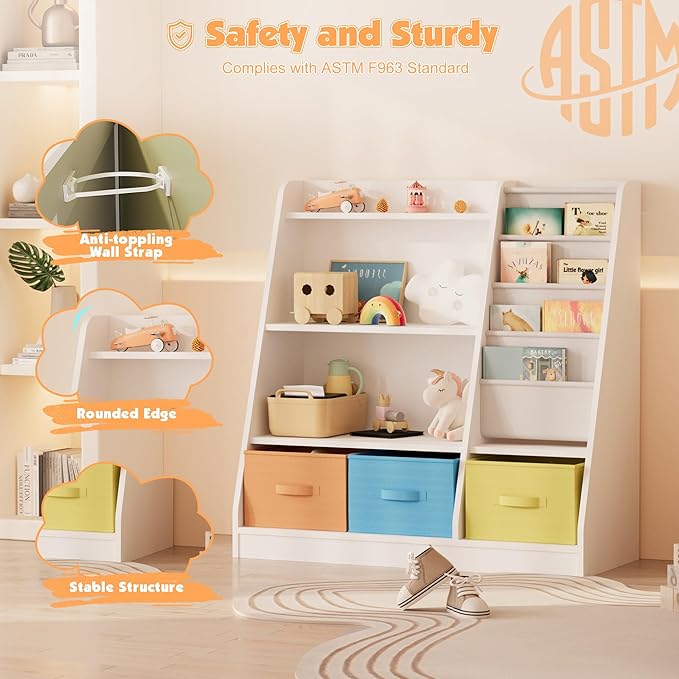 NACHES Kids Bookshelf and Toy Storage Organizer, Montessori Nursery Book Shelves with Sling Rack & Fabric Toy Bins, Toddler Baby Bookcase, Wooden Toy Shelf for Kids Room, Playroom, White-Colorful