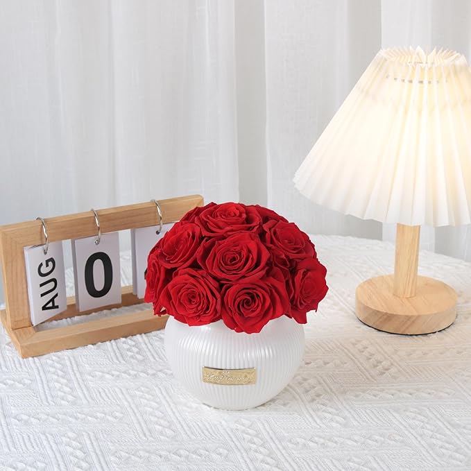 Preserved Roses,Weeding Flowers,Table Centerpiece Flowers,14Pcs Long Lasting Real Rose in Ceramic Vase,Table Flowers for Party,Wedding Decor,Birthday,Anniversary,Wedding Gifts for Her (Red)