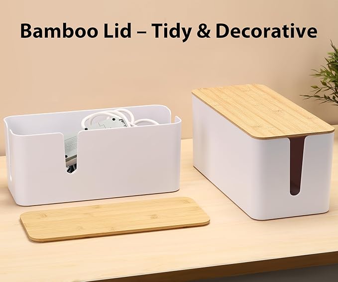 ZhiYo Bamboo Lid Cord Organizer Box, Safe ABS Cable Management Box for TV and Computer, Wood Cover Cord Hider to Hide Wires, Router, USB Hub & Under Desk Power Strip, 1 Pack L13.1 xW5.6 xH5.6 White