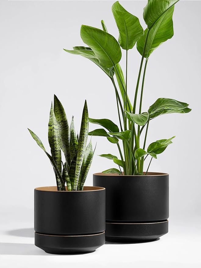 LE TAUCI 14 Inch Large Plant Pot with Saucer, Ceramic Outdoor & Indoor Big Planter with Drainage Hole, Mesh Pad & Plug Included, Matte Glazed Outside, Modern for Home and Patio, Obsidian Black & Ochre
