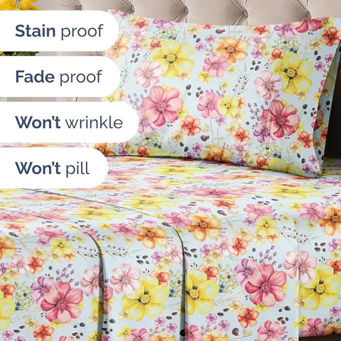 Floral Sheets - Watercolor Floral Bed Sheet Set - 1 Flat, 1 Fitted & 1 Pillowcase w/ Deep Pockets - Wrinkle & Fade Free - Boho Botanical Bedding - Ultra-Soft, Breathable and Cooling - Twin Size
