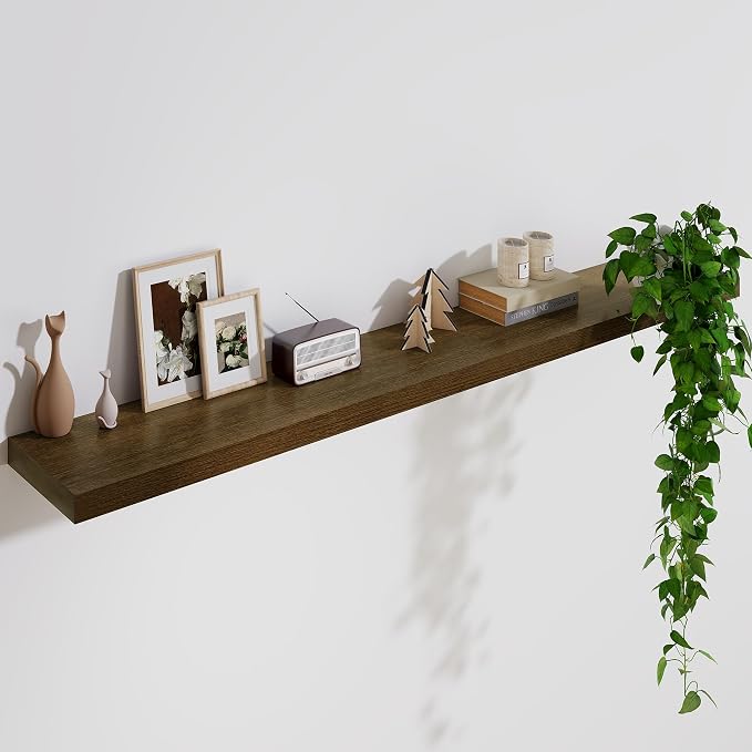 Solid Wood Floating Shelves For Wall, 55”W x 9”D x 1.56”H Large Wall Shelves for Living Room Bedroom Bathroom Kitchen Drcor Storage with Invisible Heavy-Duty Metal Bracket, Light Brown, Set of 1