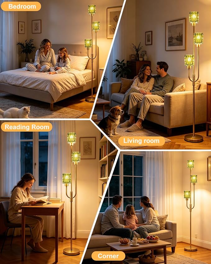 66IN Glass Floor Lamp 3-Lights Modern Gold Dimmable Floor Lamps with 3000K Warm White Bulbs for Wedding Party Modern Tall Standing Lamp with Green Glass Shade for Living Room/Bedroom/Home Decor