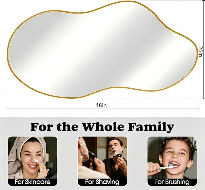 Irregular Asymmetrical Wall Mirror 26x48 Inches - Decorative Tempered Glass with Modern Aluminum Alloy Frame, Gold Abstract Cloud Mirror for Bathroom, Bedroom, Living Room, Entryway, Cloakroom