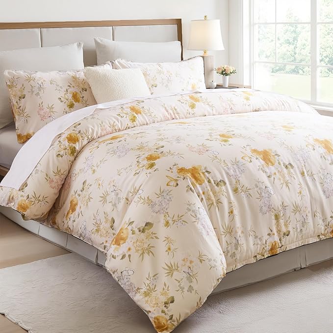 100% Cotton Duvet Cover Queen Size – Elegent Yellow Floral Duvet Cover Set with Zipper Closure & Corner Ties, 3-Piece Luxury & Silky Soft Bedding Set for All Seasons