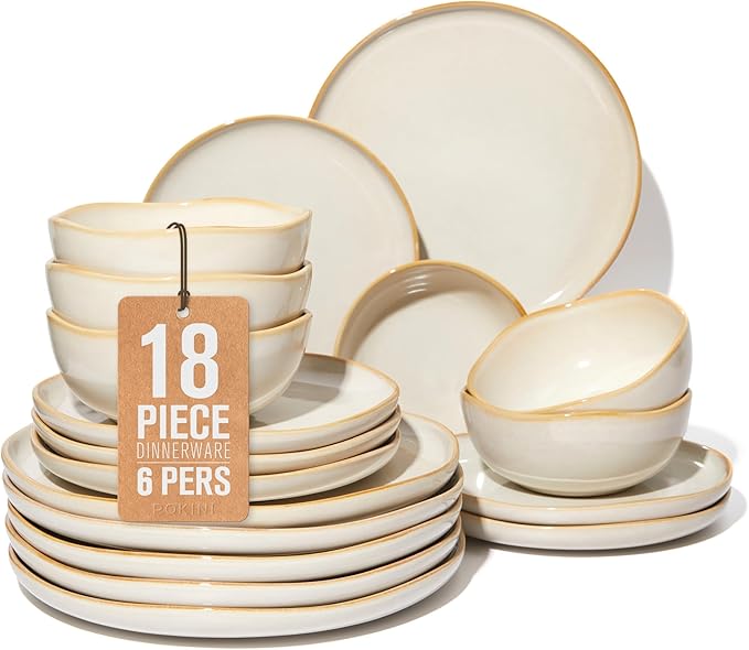 Pokini Plates and Bowls Sets for Family of 6, Ceramic Dinnerware Sets, Kitchen Dish Set, Microwave & Dishwasher Safe Dishware, Highly Durable Reactive Glazed Dinner Set, Yellow White