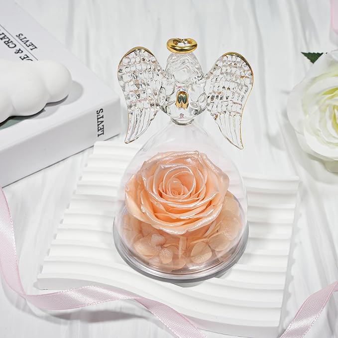 Sunia Preserved Flower Rose Gift for Women - Mother's Day Birthday Gifts for Mom Wife Grandma, Glass Angel Figurines Forever Real Roses Gifts for Her Valentine Day Thanksgiving﻿ (Sparkling Champagne)