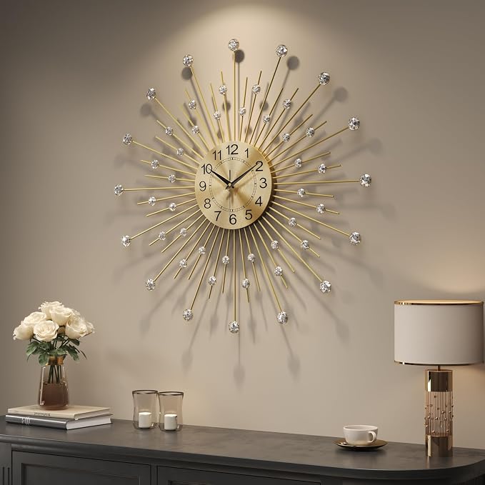 Cuspin 24 Inch Gold Wall Clock, Decorative Crystal Sunburst Mid Century Modern Clocks for Living Room Decor, Luxury Battery Operated Metal Clock Silent Non Ticking for Home Ddecor