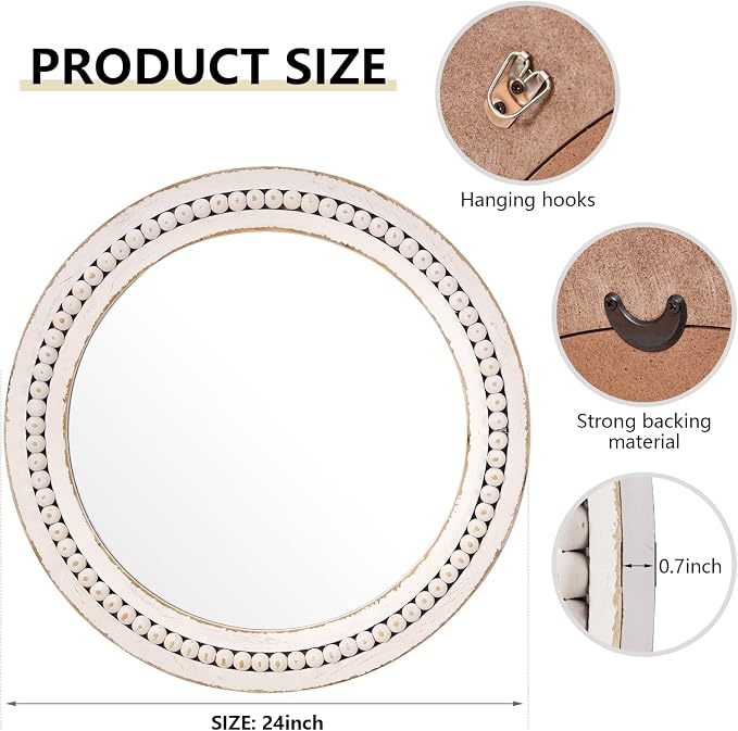 H HOMEWINS Rustic Round Mirror, 24" Wooden Circle Mirrors,Farmhouse Wall-Mounted White Beads Decor Mirror for Bedroom, Bathroom, Living Room,Vanity