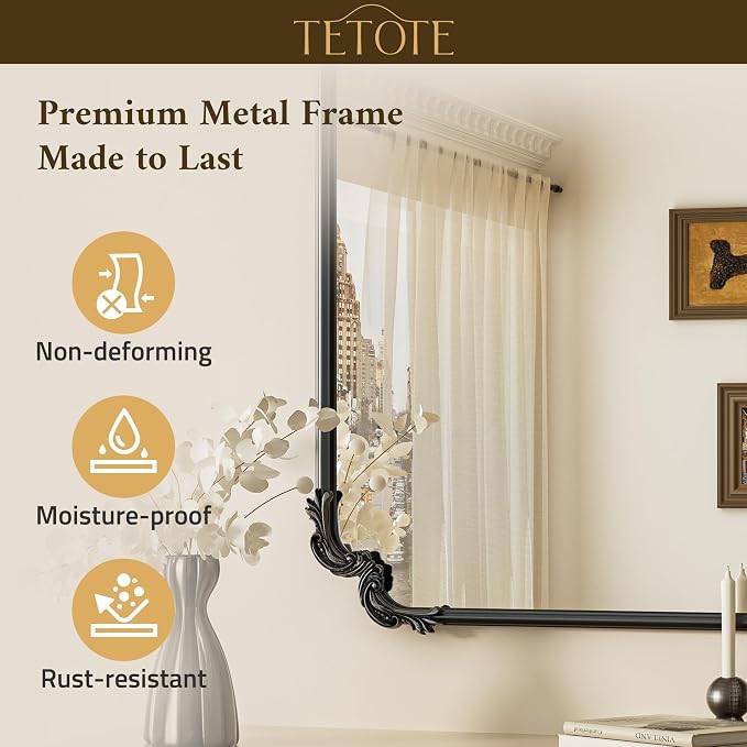 TETOTE Baroque Antique Black Scroll Wall Mirror 40 x 30 Vintage Rectangle Framed Baroque French Rectangular Mirror for Mantle Fireplace Bathroom Living Room, Horizontal/Vertical