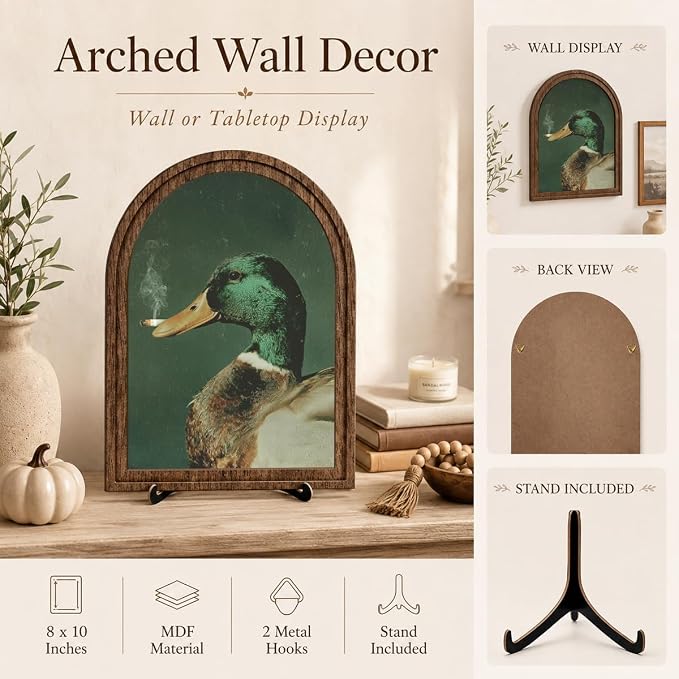 Wooden Sign with Stand Decoration, Mallard Duck Decor Arched Wood Frame Tabletop Decor, Funny Duck Retro Whimsical Print for Bedroom Living Room Desk Mantel Bookshelf Cabin Office