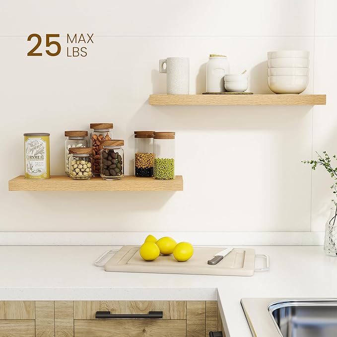 Dreamland 24Inch Floating Shelves for Wall, Rustic Wooden Floating Shelves for Bathroom|Bedroom|Kitchen, 2 Pack Deep Wall Mounted Book Shelf, Wood Storage Display Shelf for Home Decor, Oak
