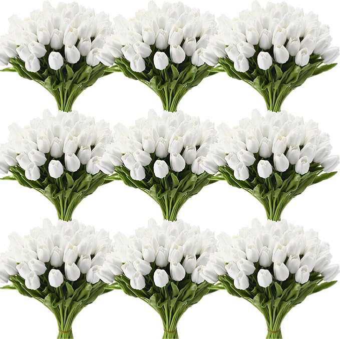 Janinka 75pcs Artificial Tulip Flowers Fake PU Tulips Faux Latex Bouquet Flower Centerpieces Arrangement Floral for Mother Day Wedding Spring Decorations (White)