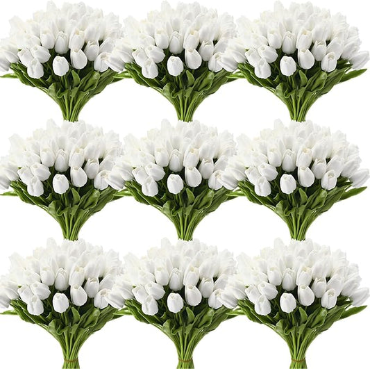 Janinka 75pcs Artificial Tulip Flowers Fake PU Tulips Faux Latex Bouquet Flower Centerpieces Arrangement Floral for Mother Day Wedding Spring Decorations (White)