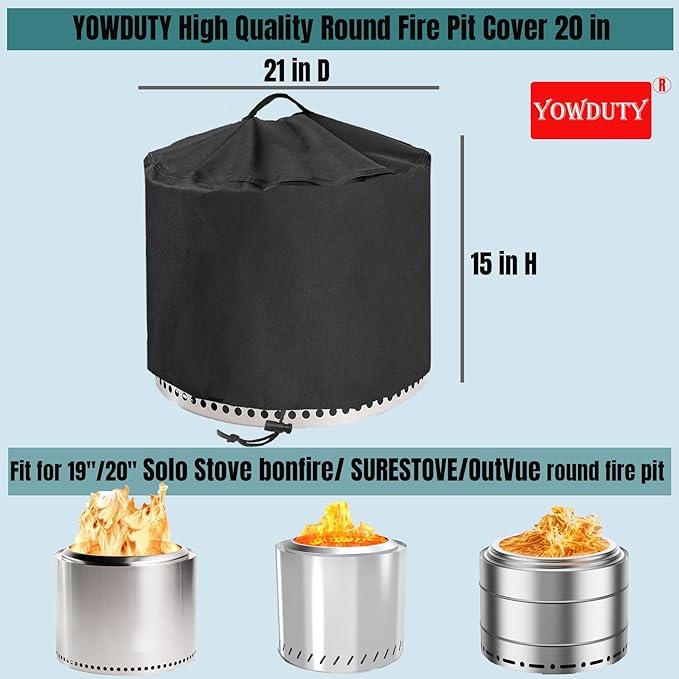 YOWDUTY Round Fire Pit Cover for Solo Stove Bonfire 20 Inch, Waterproof Heavy Duty 600D Material Patio Firepit Cover 20" for Solo Stove Bonfire Series,Round 21" D x 15" H