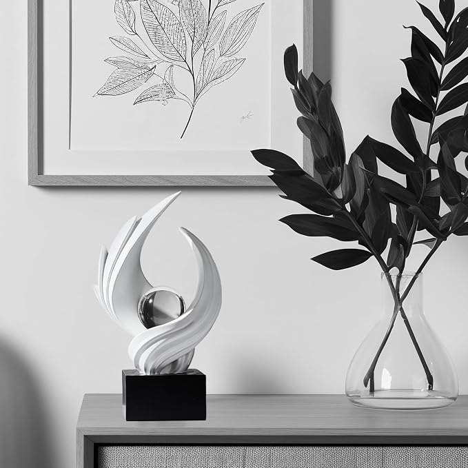 Modern Art Statue Decor, Abstract Swirl-Shaped Sculpture with Glass Ball Resin Art Figurines Centerpiece Sculptures for Home Decor Living Room Stand Coffee Table Office Bookshelf Decoration (white)