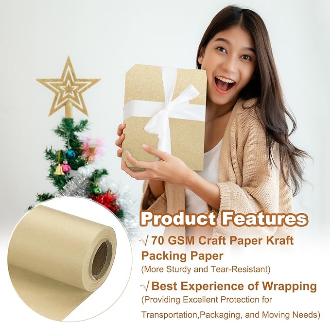 PATIKIL Wrapping Paper, 12" x 394"(33') 70 GSM Craft Paper Roll Kraft Packing Paper for Poster Bulletin Board, Gift Wrapping, Brown