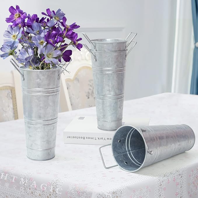 Notakia Galvanized Metal Vases Farmhouse French Flower Bucket Vases for Cut Flowers for Home Decor and Wedding Table Centerpiece Decorations (Silver Set of 8)