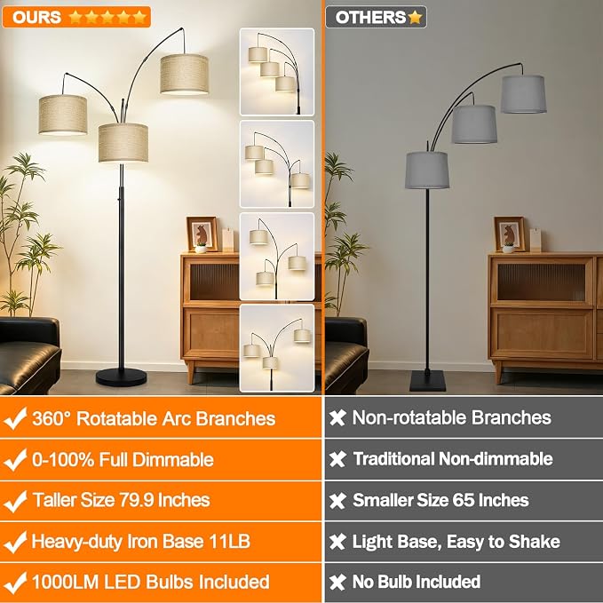 Nintiue Dimmable Floor Lamp, 3-Light Black Tree Floor Lamp with Champagne Linen Shades, Mid Century Modern Standing Lamp with Heavy Base, 3 LED Bulbs Included for Living Room Bedroom Office