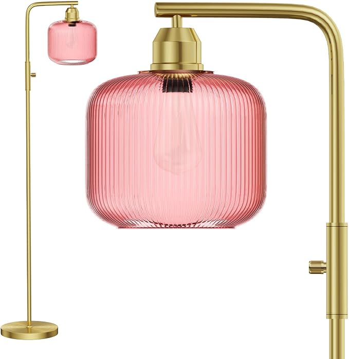 Glass Floor Lamp for Living Room, Modern Standing Lamp with Pink Ribbed Glass Lampshade&Brushed Gold, Stepless Dimmable and Rotary Switch, 66” Tall Lamp & Gold Floor Lamp for Bedroom Study Room, Pink