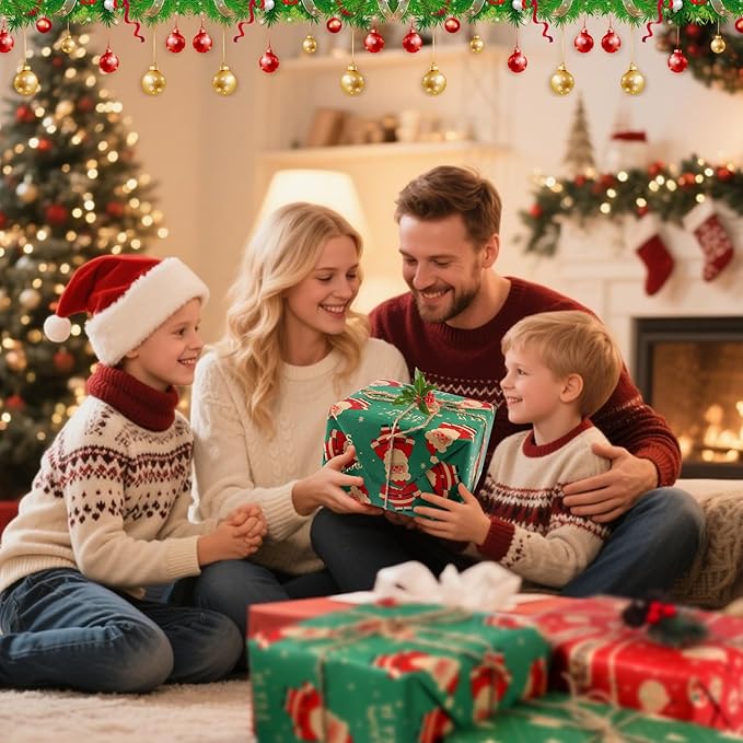 Panigkids Wrapping Paper Jumbo Rolls, Holiday Gift Kraft Wrap Paper for Kids Adults, 4 Rolls - 17 in. x 16 ft. Per Roll, Green Christmas Tree, Snowflakes, Santa, Merry Christmas.（With Jute Twine）