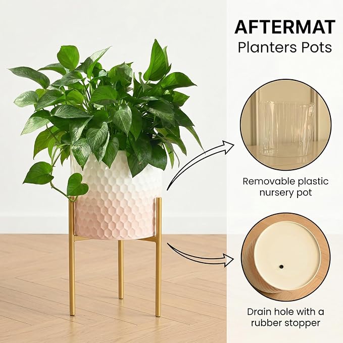 Modern Planter Pots, Set of 2 White Pink Planters with Stand, Decorative Planters, Metal Pots with Drainage Holes for Living Room, Office, Garden