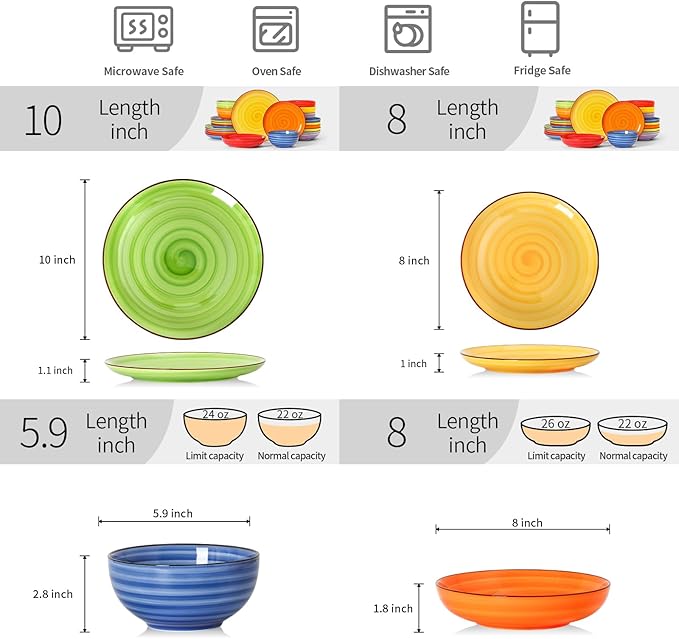 Selamica Ceramic Plates and Bowls Sets,24 Pieces Dinnerware Sets for 6,Scratch Resistant Dish Set for holiday gathering,Dishwasher & Microwave Safe, Dopamine