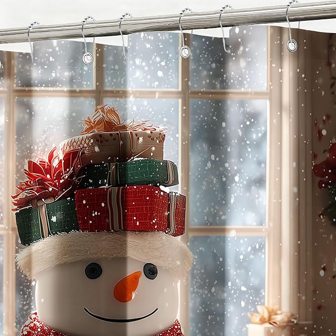 Winter Christmas Shower Curtain Cute Snowman Snowflake Shower Curtains for Bathroom Waterproof Fabric Bath Curtain Decor with Hooks