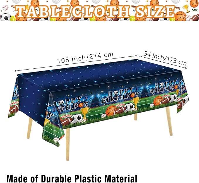 4 Pack Sports Tablecloths, 54 x 108 Inch, Multicolor, Rectangular, Plastic, Sports Party, Spill Resistant, Wipe Clean