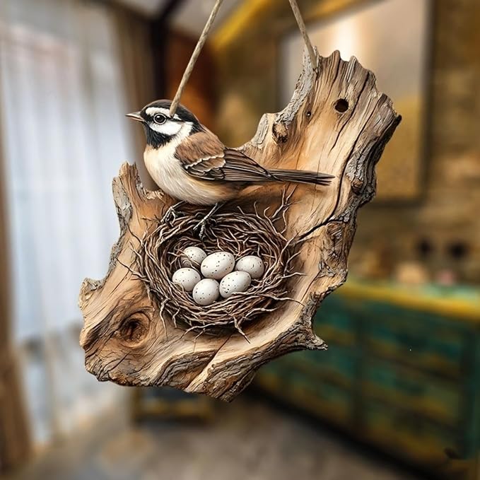 DLIGGSAHN Rustic Wooden Bird Wall Decor, Natural Wood Bird Nest Hanging Ornament, Farmhouse Style Wall Art for Home, Porch, Patio & Bathroom