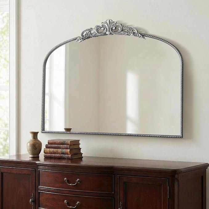 Micasso Vintage Silver Arched Mirror: 36"x29" French Baroque Antique Wall Mounted Mirror - Traditional Ornate Decorative for Wall/Fireplace/Entryway/Bathroom/Hallway - Home Decor for Living Room