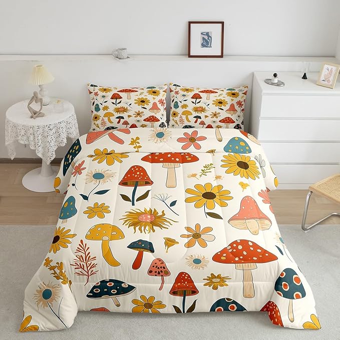 Castle Fairy Retro Mushroom Flowers Bedding Comforters Queen Size,70s 60s Groovy Comforter Set with 2 Pillowcases,Vintage Boho Plant Floral 3pcs Children Adult Duvet Set,Soft