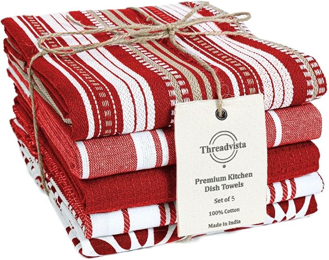 Assorted Kitchen Towels 100% Cotton Large 16x26 Inch Set of 5 - Soft Highly Absorbent Durable Reusable - Perfect for Drying Cleaning Everyday Kitchen Use - Quick Drying Dish Towels Red