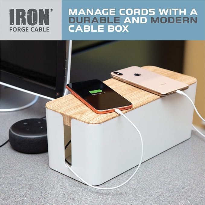 Iron Forge Cable Cable Management Box, 2 Pack - White Cord Organizer with Wood Top - Hider for Wires, Power Strips, Surge Protectors & More - Includes Accessories