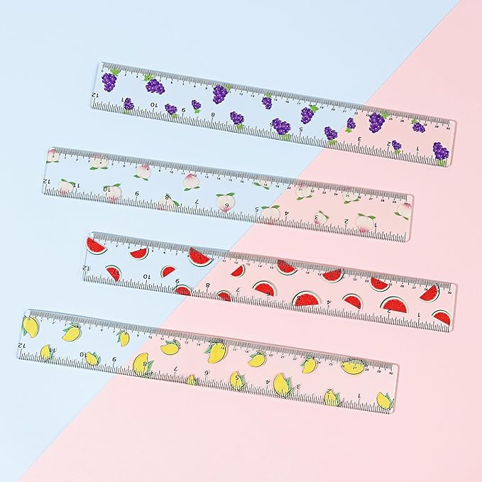 BAYTORY 4Pcs Transparent Acrylic Ruler 12 Inch, Clear Plastic Straight Rulers, Shatterproof Student Stationery Centimeters with Inches, for Classroom Essentials School Supplies (Fruit)