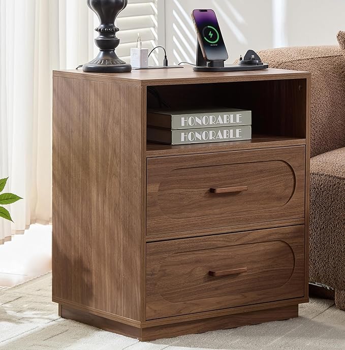 Walnut Night Stand with Charging Station, 21.7" Wide Wood End Table with 2 Storage Drawers, Open Shelf & Unique Base, Mid Century Modern Bedside Table for Bedroom, Living Room, Walnut