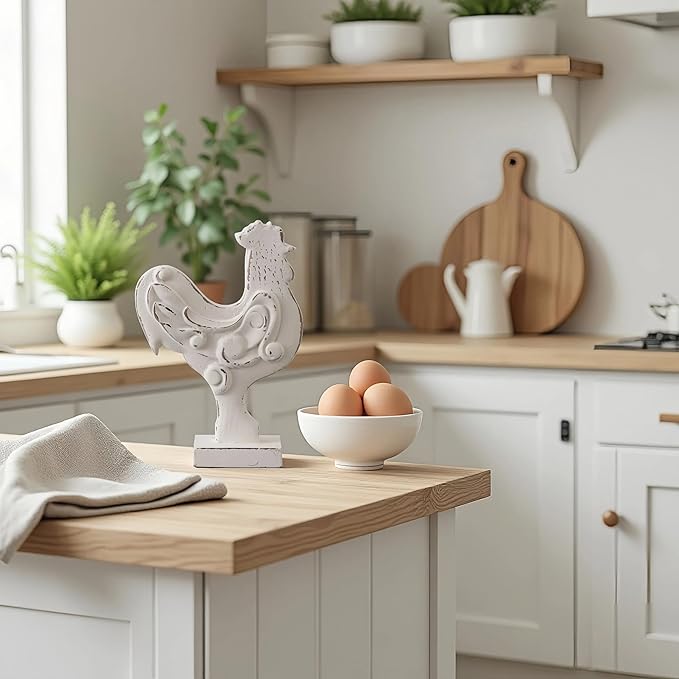 Rustic Small Chicken Statue Kitchen Decor 6 X 8 Inch, Handmade Distressed White Rooster Decor for Tabletop, Wooden Chicken Themed Gifts for Christmas Kitchen Mantel Dining Room Living Room