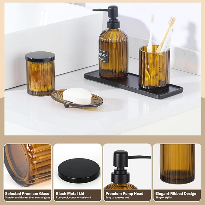 Shinowa Glass Bathroom Accessories Set, 5 Piece Luxury Bathroom Set with Soap Dispenser, Toothbrush Holder, Qtip Holder with Lid, Soap Dish & Tray, Modern Vanity Countertop Organizer, Brown + Black