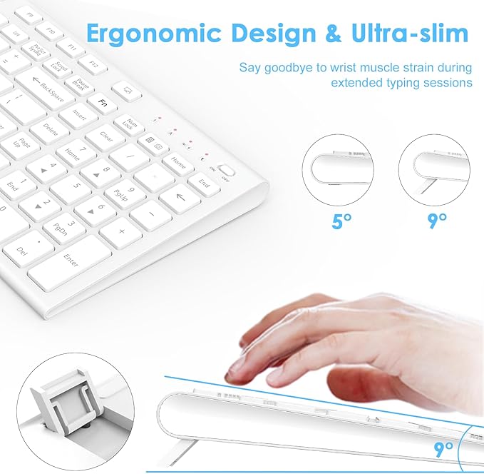 FENIFOX Wireless Keyboard and Mouse, Rechargeable USB C Combo Silent Quiet Compact Full Size Flat with Number Pad Soft Cover for Mac MacBook iMac Windows PC Laptop Computer Office - White
