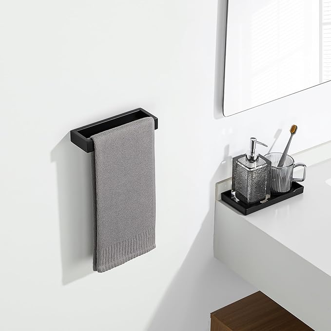 Sayayo Matte Black Towel Bar for Bathroom, 8 Inch Hand Towel Holder Wall Mount Square Towel Ring SUS304 Stainless Steel Towel Rack