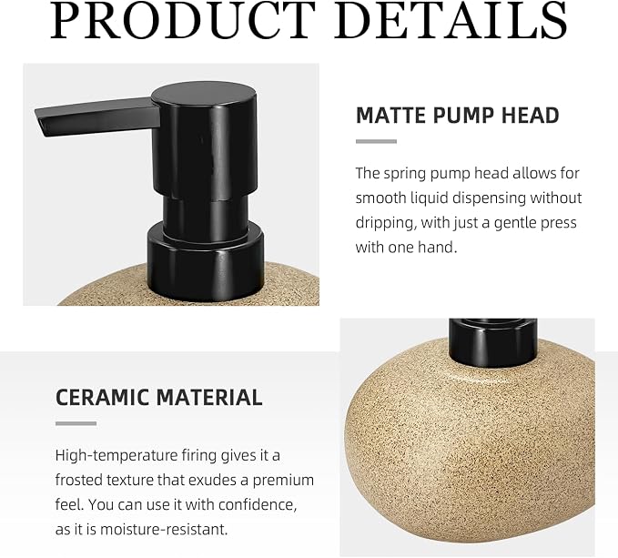 300ml 10oz Ceramic Hand Soap Dispenser, Refillable Modern Pump Dispenser for Hand and Dish Wash, Heavy & Sturdy Liquid Soap Dispenser for Kitchen Countertop and Bathroom (Brown)