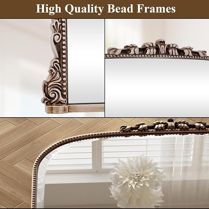 Wall Beaded Mirror, 44 x 32 Inch Round Top Right Angle Wall Mirror, Tempered Glass, Rust Resistant, Horizontally or Vertically Hanging, Silver