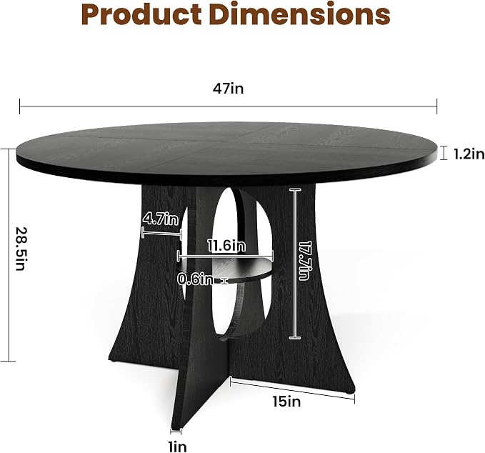 47" Round Dining Table for 4-6, Space-Saving Dining Room Table with Thick Tabletop and Sculptural Base, Wood Grain Dinner Table with Storage Shelf for Kitchen, Dining Room, Living Room, Black